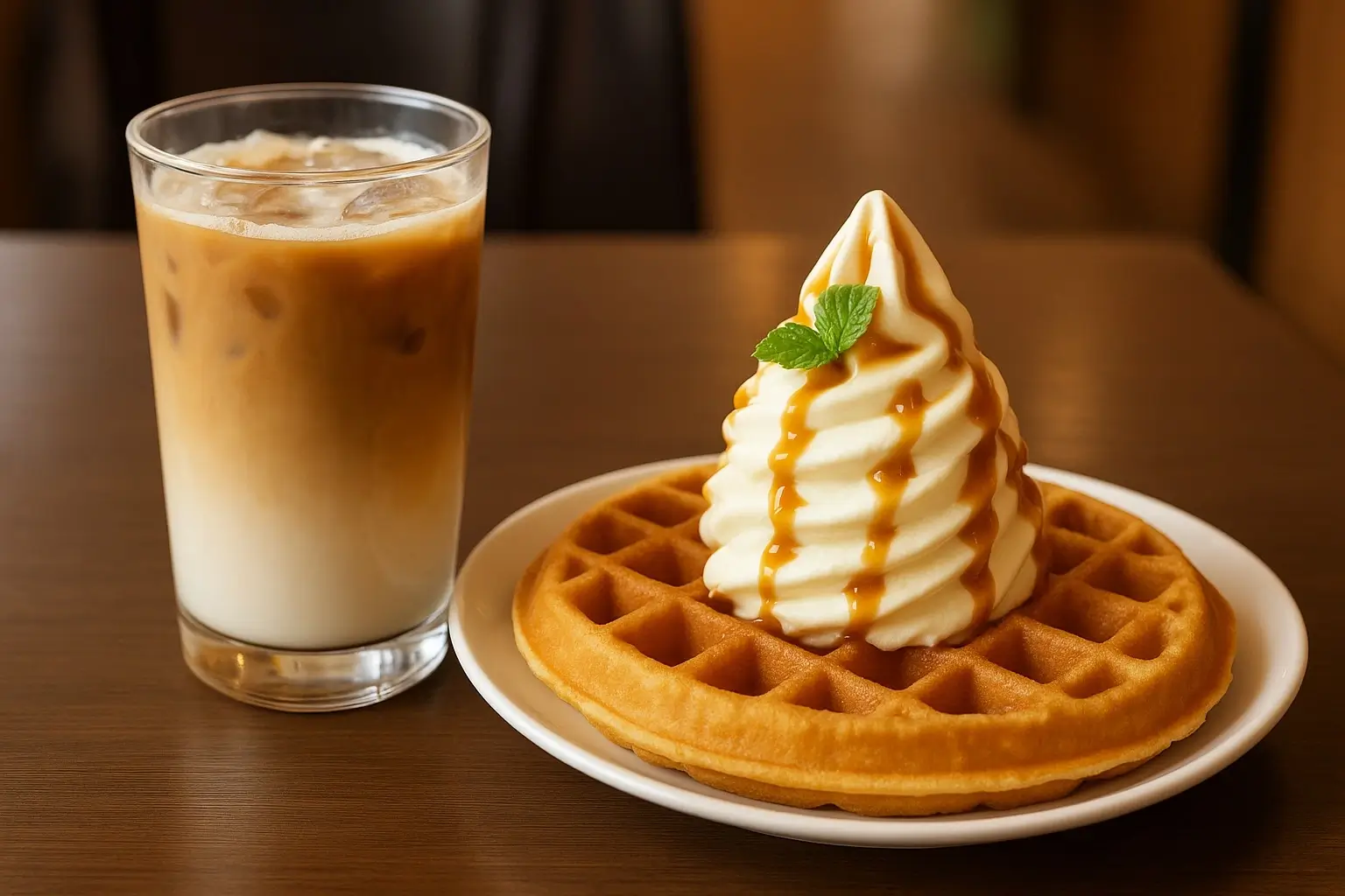 iced coffee and waffles